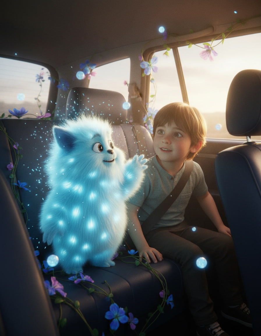 A child looking out of a car window during a family journey