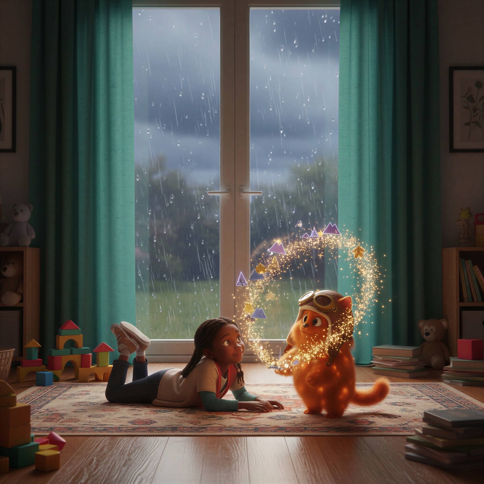 A young girl lying on the floor listening to a story on a rainy day