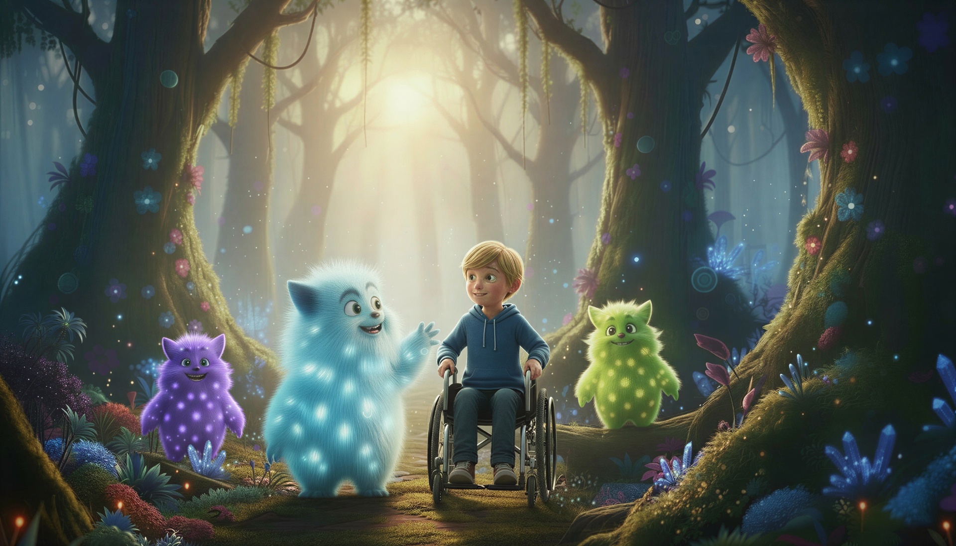 A young boy in a wheelchair exploring a sunlit magical forest with Snoozmo and glowing creature friends.