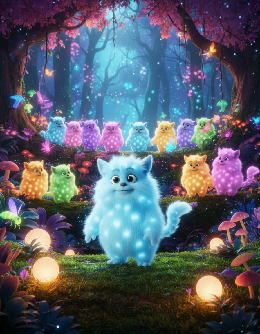 Snoozmo and his glowing Snooderling friends in a magical forest clearing