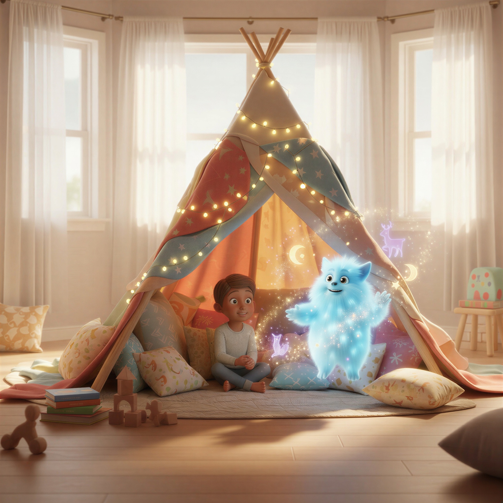 A child reading in a cosy blanket fort in the morning light