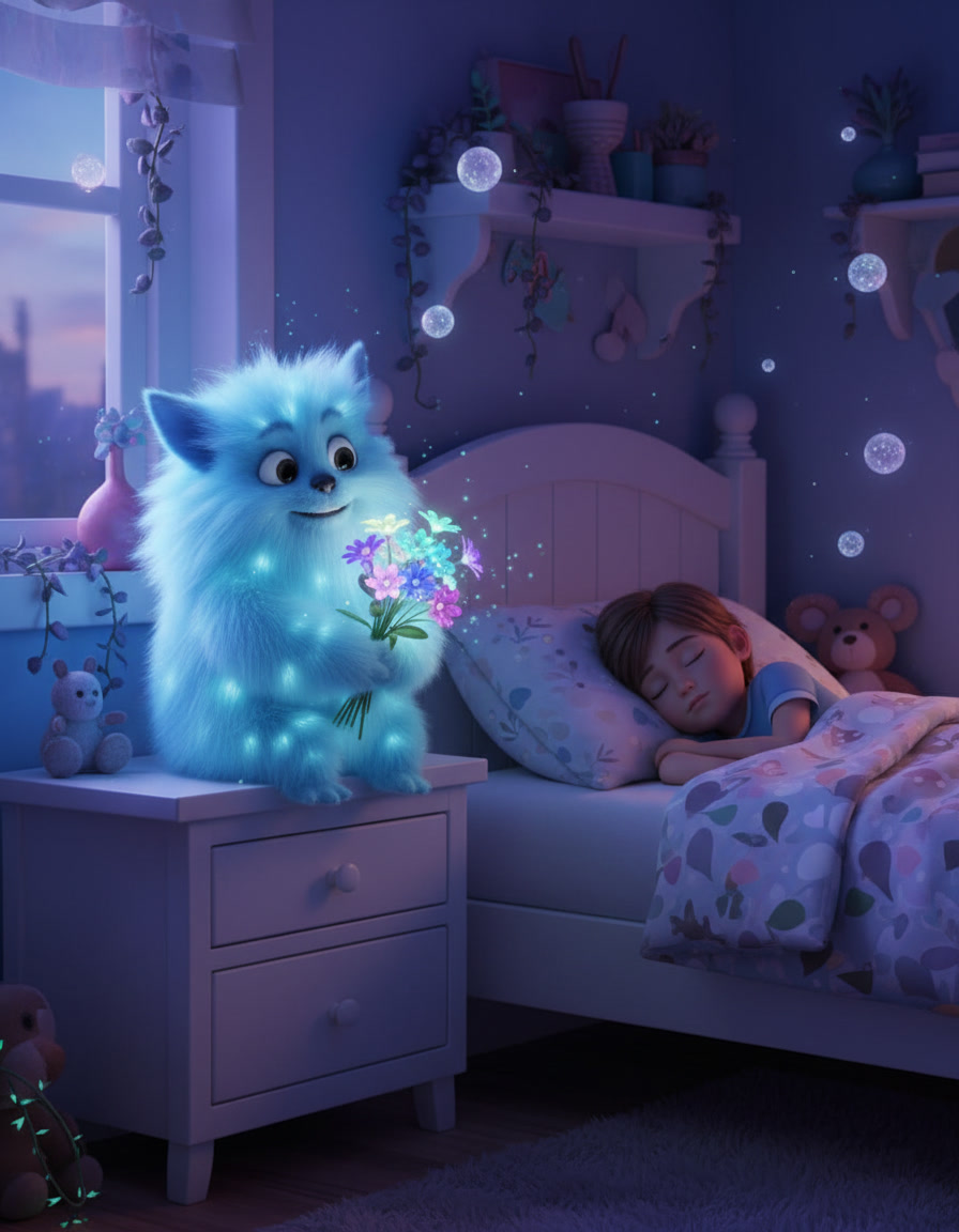 A calm bedroom scene at dusk, ready for a bedtime story