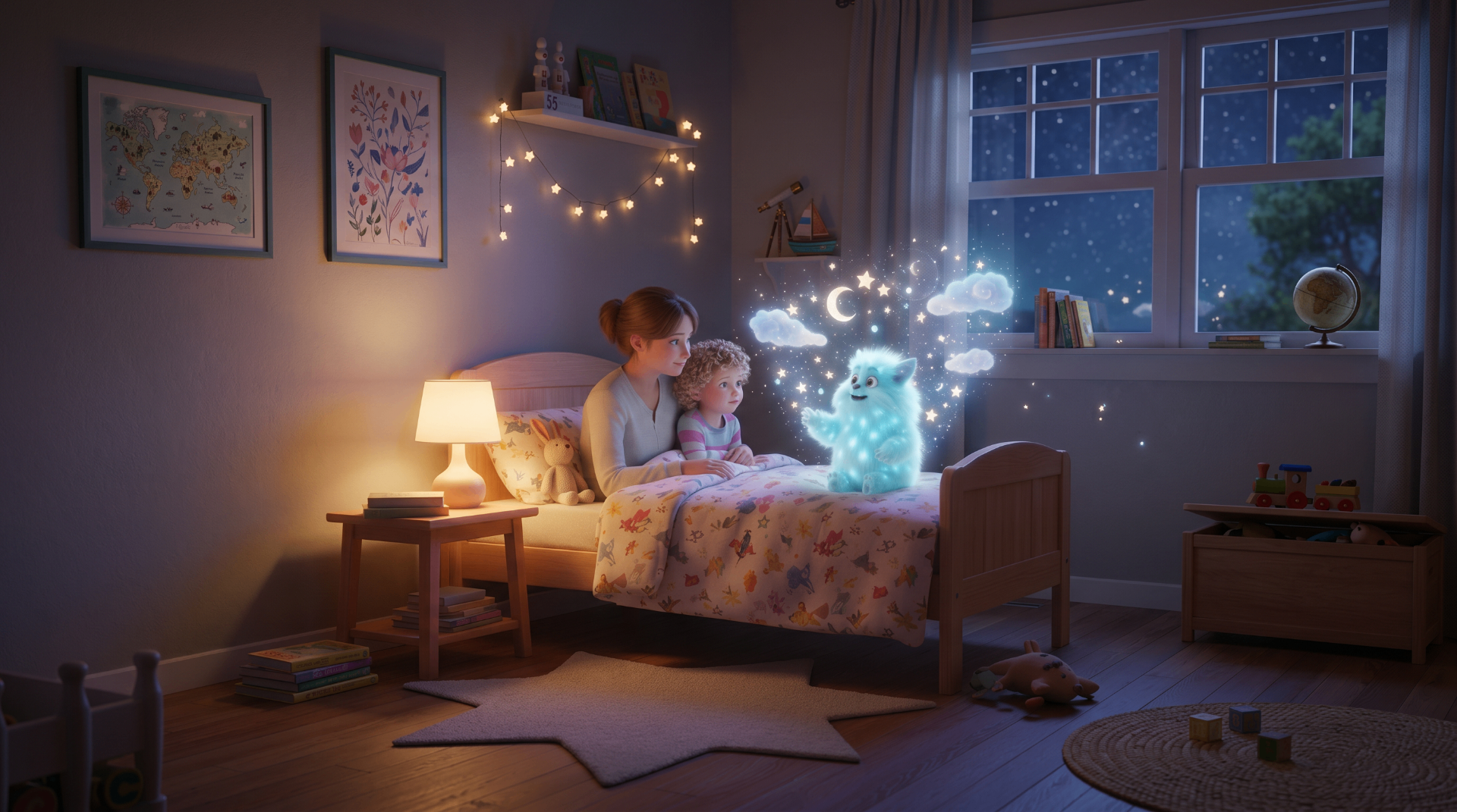 A mother and child sharing a Booshy Tale together, Snoozmo conjuring a magical sky